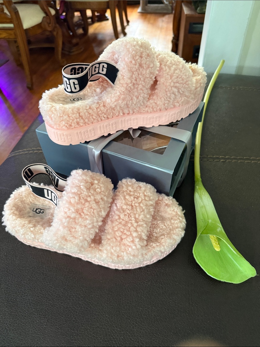UGG Pink Sherpa Wide Band Slide Sandals with Logo Heel Strap